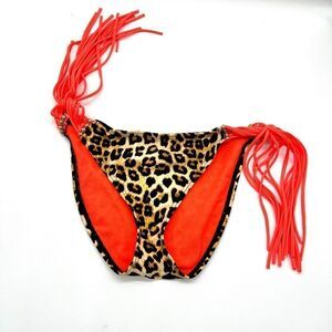 Bongo Bikini Bottom Size Small Leopard Print with Bright Orange Side Tassels